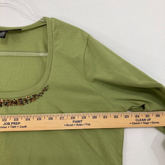 Kasper size 1X Green Square Neck Embellished Stretch Knit 3/4 Sleeve Fitted Top - Picture 5 of 8